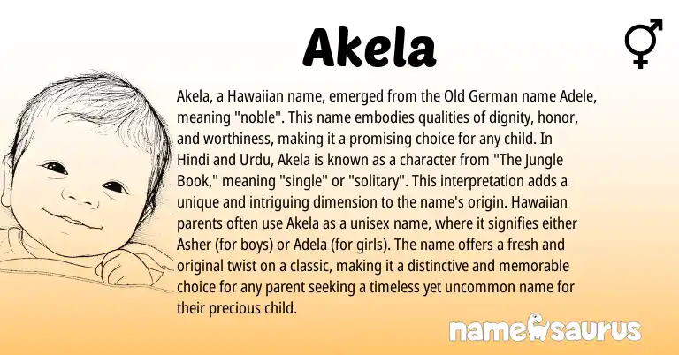 Infographic about Akela name meaning, Akela is a name from Old German, Urdu, Hindi, Hawaiian origin(s).