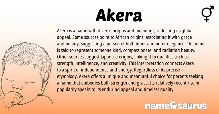 Infographic about Akera name meaning, Akera is a name from Indian, African, Japanese origin(s).