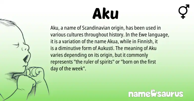 Infographic about Aku name meaning, Aku is a name from Scandinavian, Finnish, Ewe origin(s).