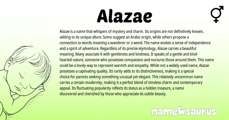 Infographic about Alazae name meaning, Alazae is a name from Arabic origin(s).