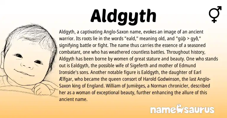 Infographic about Aldgyth name meaning, Aldgyth is a name from England, Norman, Anglo-Saxon origin(s).