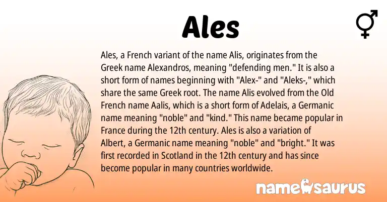 Infographic about Ales name meaning, Ales is a name from French, Germanic, Old French, Greek origin(s).