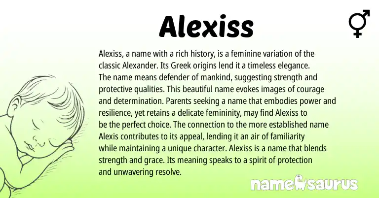 Infographic about Alexiss name meaning, Alexiss is a name from Greek origin(s).
