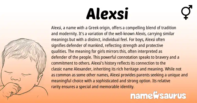 Infographic about Alexsi name meaning, Alexsi is a name from Greek origin(s).