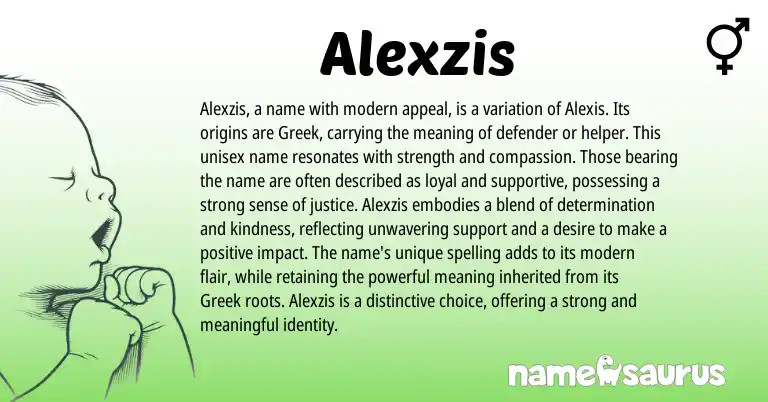 Infographic about Alexzis name meaning, Alexzis is a name from Greek origin(s).