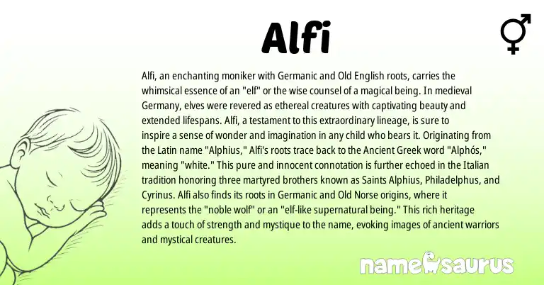Infographic about Alfi name meaning, Alfi is a name from Old Norse, Ancient Greek, Germanic, Latin, Old English, Italian origin(s).