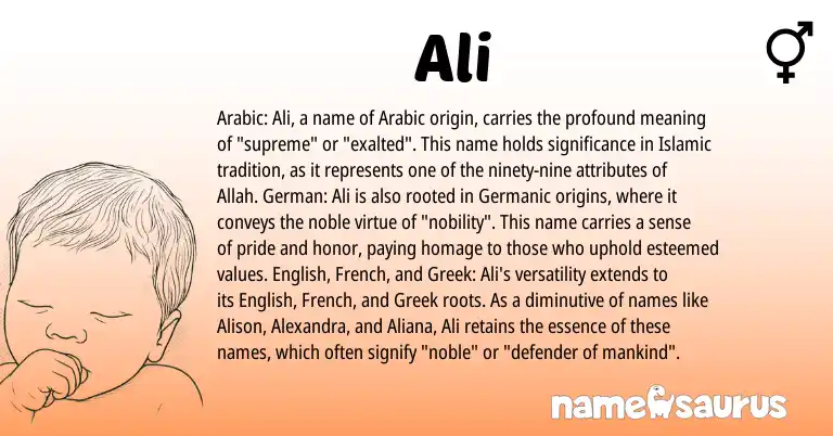 Infographic about Ali name meaning, Ali is a name from English, French, Germanic, Arabic, Greek, German origin(s).