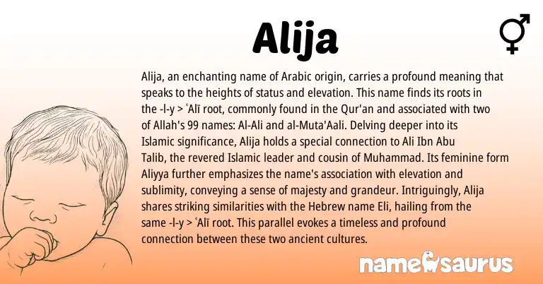 Infographic about Alija name meaning, Alija is a name from Arabic, Hebrew origin(s).