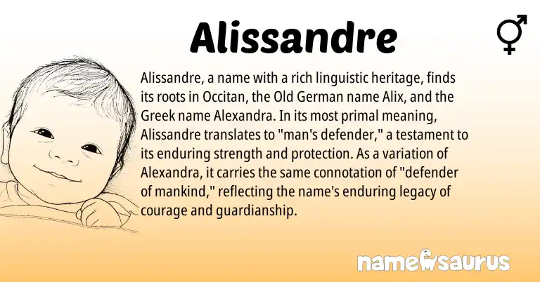 Infographic about Alissandre name meaning, Alissandre is a name from Old German, Occitan, Greek origin(s).