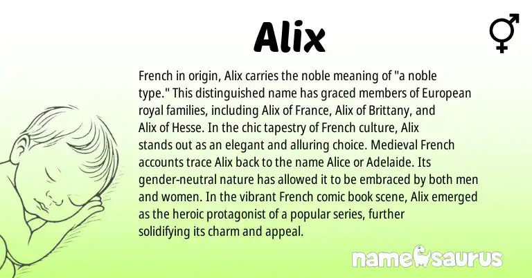 Infographic about Alix name meaning, Alix is a name from Medieval French, French, European origin(s).