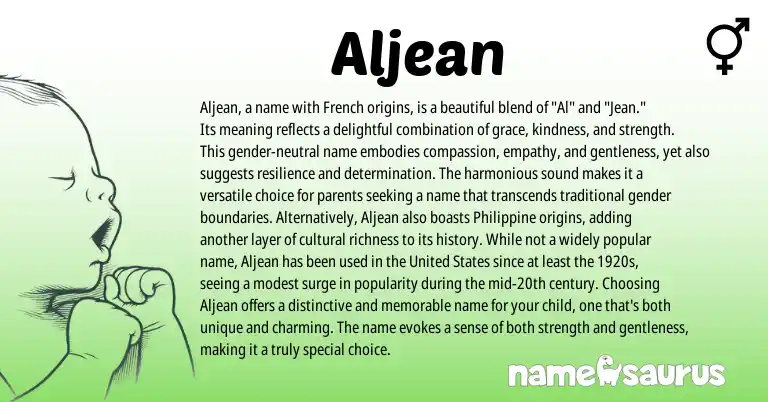Infographic about Aljean name meaning, Aljean is a name from French origin(s).
