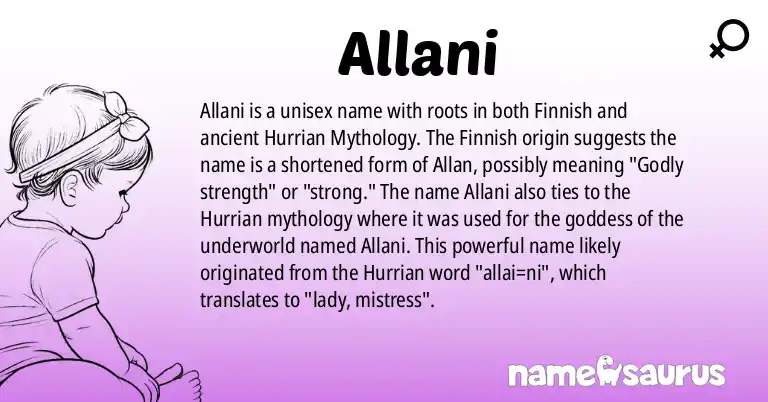 Infographic about Allani name meaning, Allani is a name from Finnish, Hurrian Mythology origin(s).