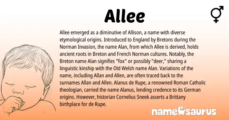 Infographic about Allee name meaning, Allee is a name from Breton, Old Welsh, England, French, Bretons, Roman, German, Norman origin(s).