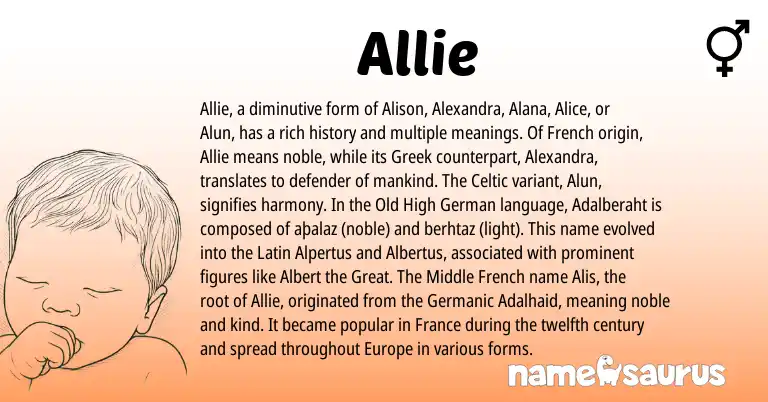 Infographic about Allie name meaning, Allie is a name from Old High German, Middle French, French, Latin, Celtic, Germanic, Greek origin(s).