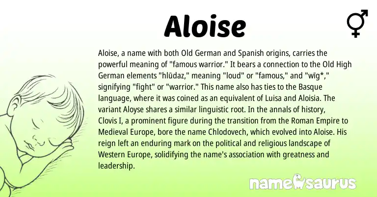 Infographic about Aloise name meaning, Aloise is a name from Old High German, Spanish, Roman, Old German, Basque origin(s).