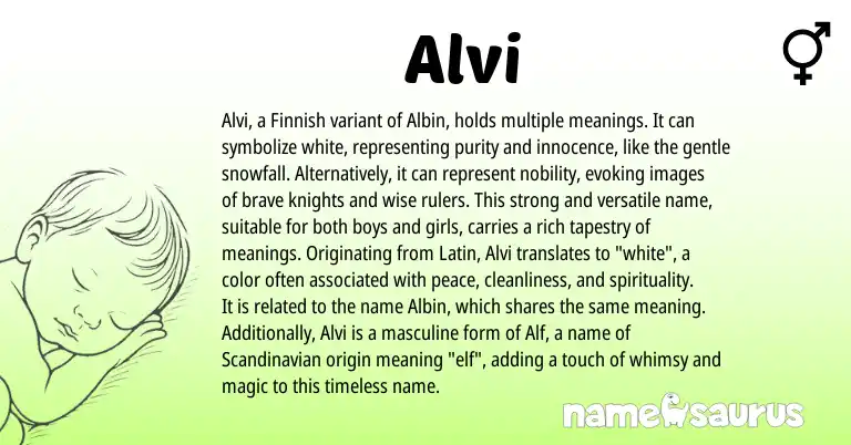 Infographic about Alvi name meaning, Alvi is a name from Scandinavian, Finnish, Latin origin(s).