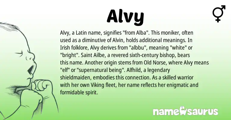 Infographic about Alvy name meaning, Alvy is a name from Irish, Old Norse, Latin origin(s).