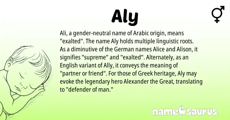 Infographic about Aly name meaning, Aly is a name from German, English, Arabic, Greek origin(s).