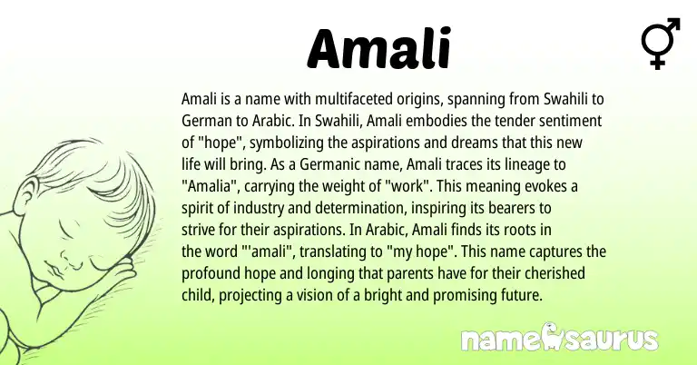 Infographic about Amali name meaning, Amali is a name from German, Germanic, Swahili, Arabic origin(s).