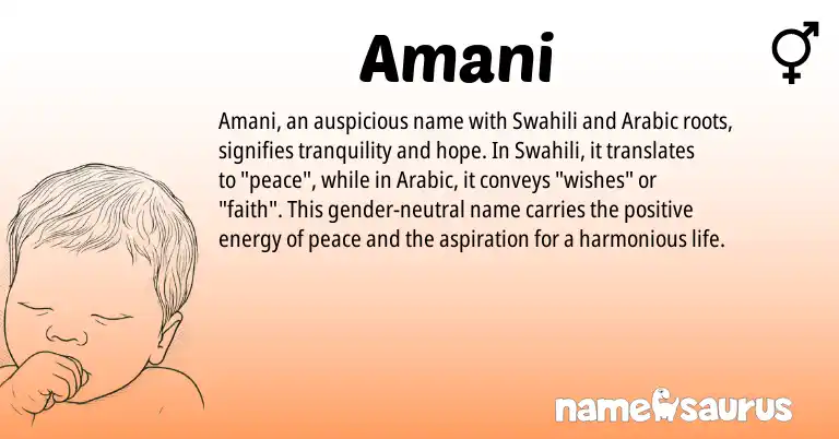 Infographic about Amani name meaning, Amani is a name from Swahili, Arabic origin(s).