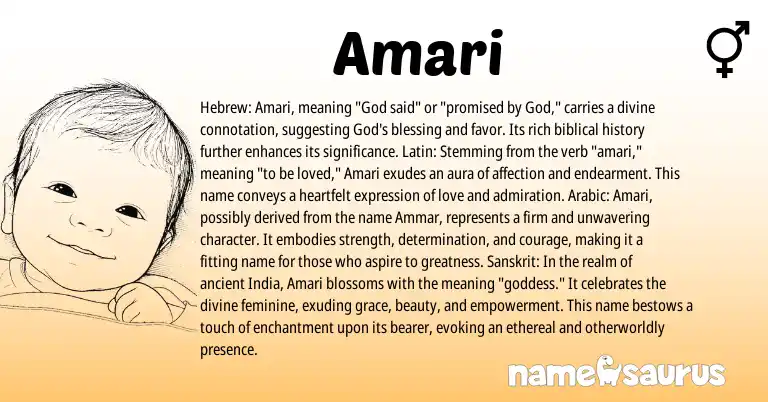 Infographic about Amari name meaning, Amari is a name from Sanskrit, Latin, Arabic, Hebrew origin(s).