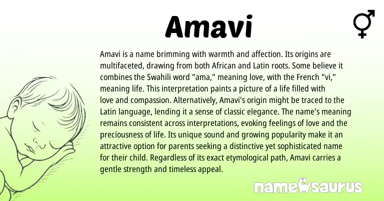 Infographic about Amavi name meaning, Amavi is a name from French, African, Swahili origin(s).