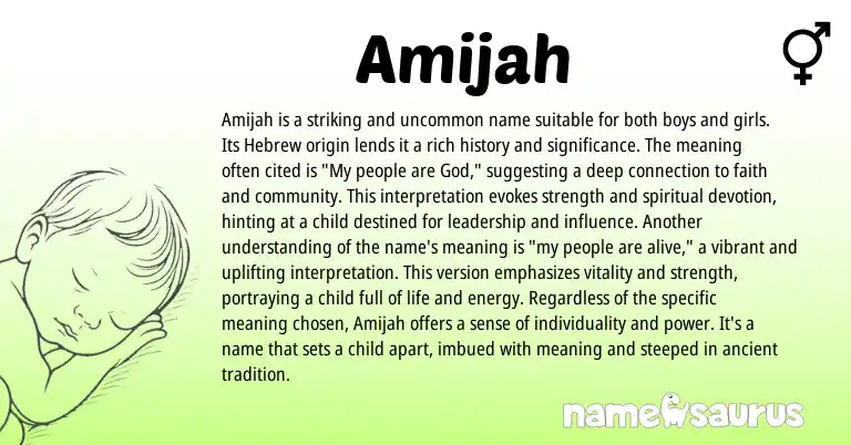 Infographic about Amijah name meaning, Amijah is a name from Hebrew origin(s).