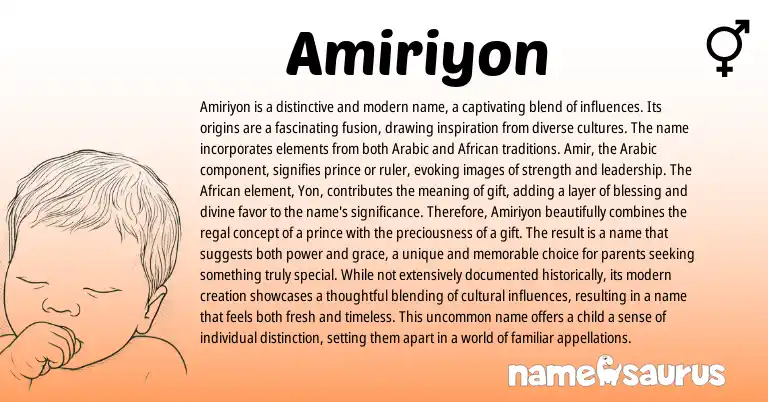 Infographic about Amiriyon name meaning, Amiriyon is a name from African, Arabic origin(s).