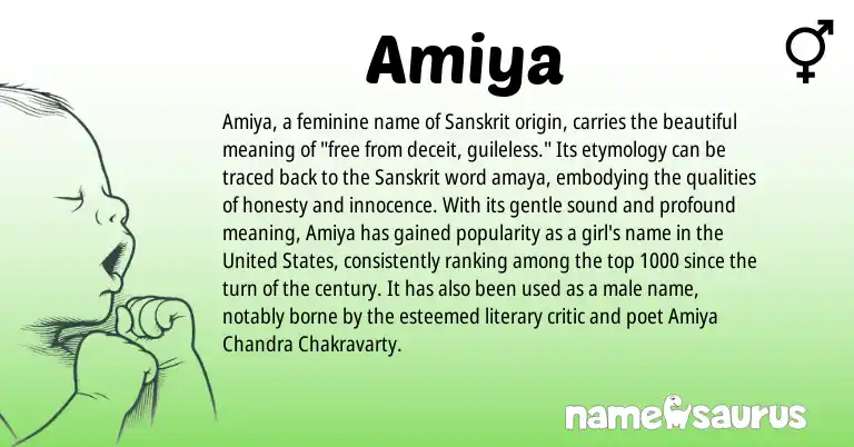 Infographic about Amiya name meaning, Amiya is a name from Sanskrit, United States origin(s).
