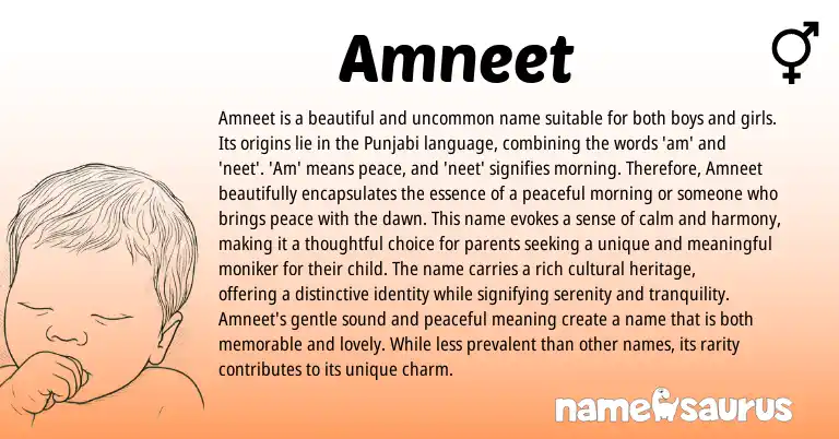 Infographic about Amneet name meaning, Amneet is a name from Punjabi, Sikh origin(s).