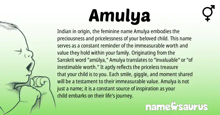 Infographic about Amulya name meaning, Amulya is a name from Sanskrit, Indian origin(s).