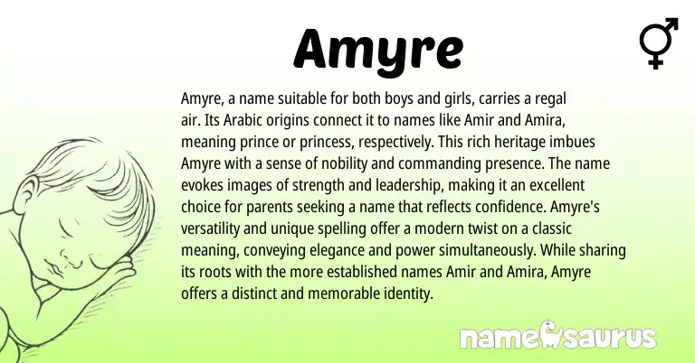 Infographic about Amyre name meaning, Amyre is a name from Arabic origin(s).