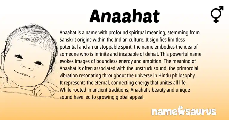 Infographic about Anaahat name meaning, Anaahat is a name from Indian, Sanskrit origin(s).