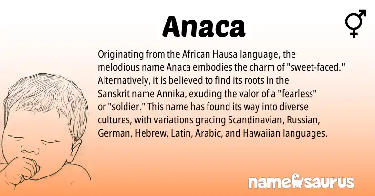 Infographic about Anaca name meaning, Anaca is a name from Hawaiian, Hausa, Scandinavian, Russian, Latin, Arabic, German, Sanskrit, African, Hebrew origin(s).
