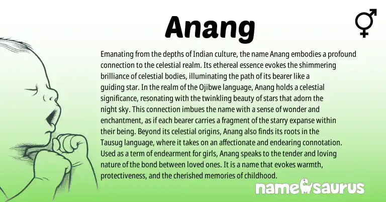 Infographic about Anang name meaning, Anang is a name from Ojibwe, Indian, Tausug origin(s).