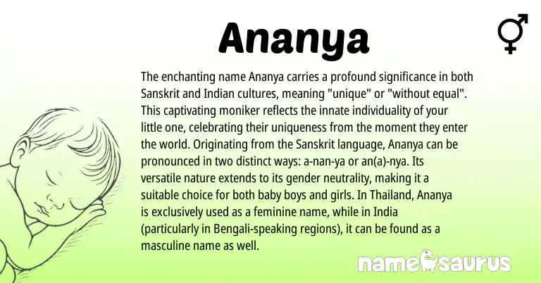 Infographic about Ananya name meaning, Ananya is a name from Sanskrit, Bengali, Indian origin(s).