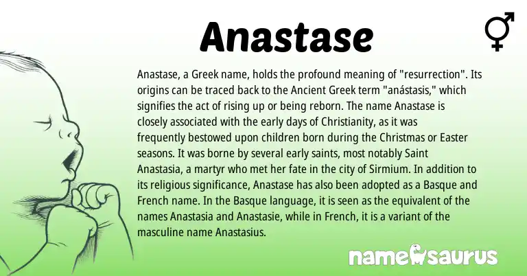 Infographic about Anastase name meaning, Anastase is a name from Ancient Greek, Christianity, French, Greek, Basque origin(s).