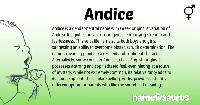 Infographic about Andice name meaning, Andice is a name from English, Greek origin(s).