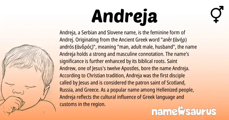 Infographic about Andreja name meaning, Andreja is a name from Ancient Greek, Greece, Greek, Serbian, Slovene origin(s).