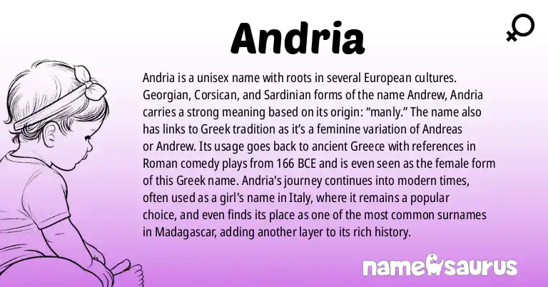Infographic about Andria name meaning, Andria is a name from Georgian, Corsican, Sardinian, Greek origin(s).