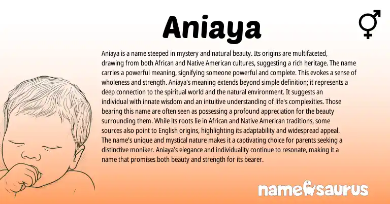 Infographic about Aniaya name meaning, Aniaya is a name from Indian, American, African origin(s).