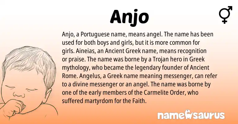 Infographic about Anjo name meaning, Anjo is a name from Ancient Greek, Greek, Ancient Rome, Portuguese origin(s).