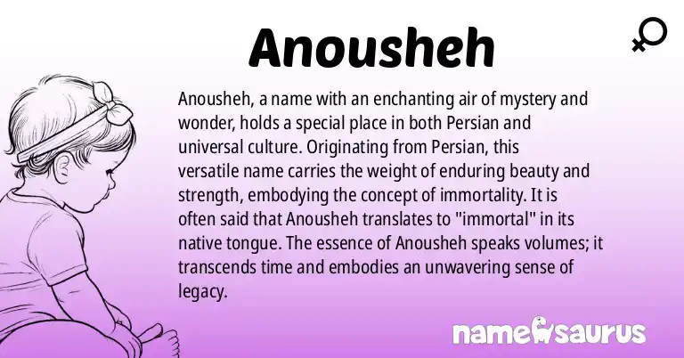 Infographic about Anousheh name meaning, Anousheh is a name from Persian origin(s).