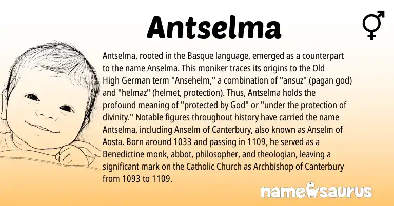 Infographic about Antselma name meaning, Antselma is a name from Old High German, Basque origin(s).