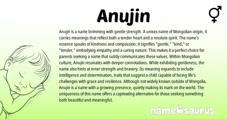 Infographic about Anujin name meaning, Anujin is a name from Mongolian origin(s).