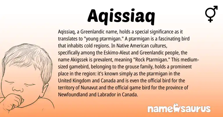 Infographic about Aqissiaq name meaning, Aqissiaq is a name from Native American, Aleut, United Kingdom, Greenlandic origin(s).
