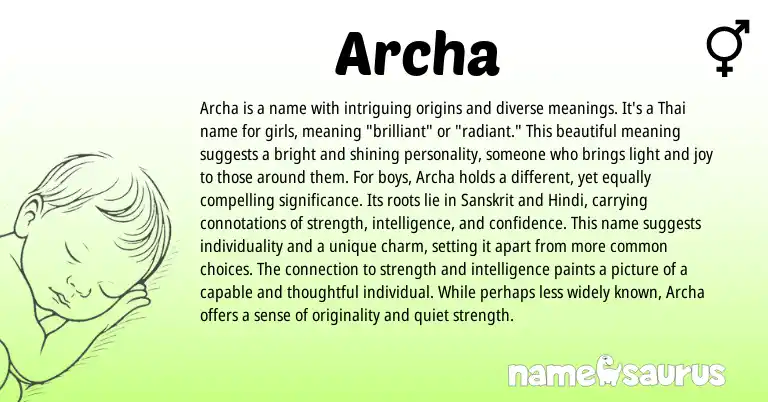 Infographic about Archa name meaning, Archa is a name from Indian, Sanskrit, Thai origin(s).