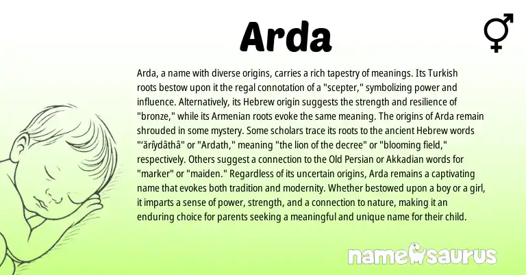 Infographic about Arda name meaning, Arda is a name from Akkadian, Old Persian, Armenian, Turkish, Hebrew origin(s).