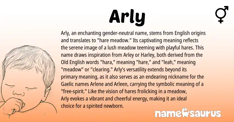 Infographic about Arly name meaning, Arly is a name from Old English, English, Gaelic origin(s).