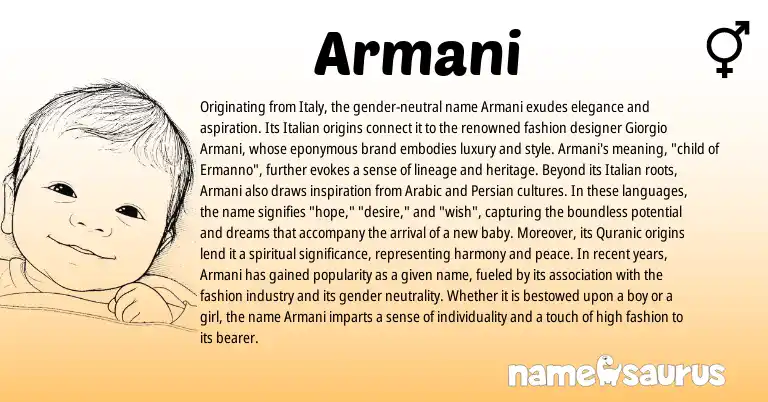 Infographic about Armani name meaning, Armani is a name from Persian, Quranic, Arabic, Italian origin(s).
